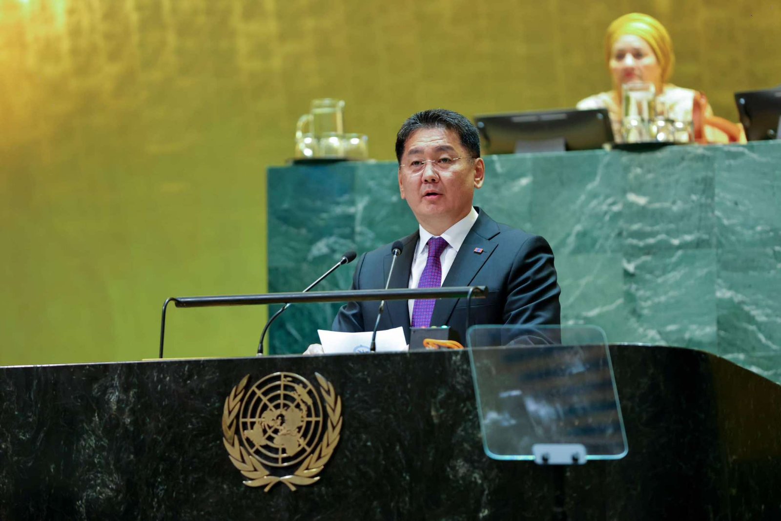 President of Mongolia U. Khurelsukh presenting the draft resolution at the UN General Assembly.